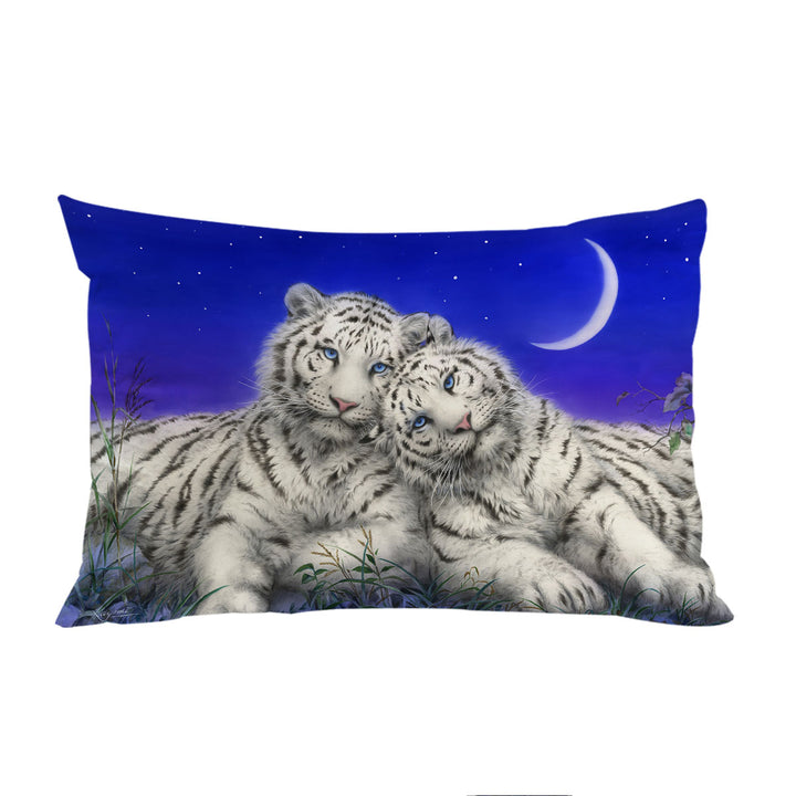 White Tigers Moon Lovers at Night Pillowcase