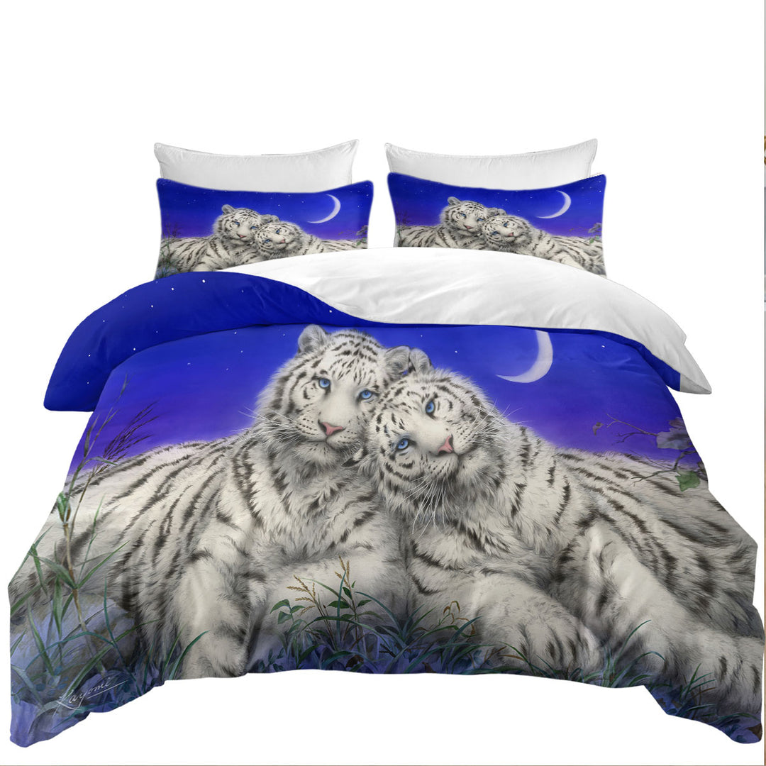 White Tigers Moon Lovers at Night Queen Size Duvet Cover