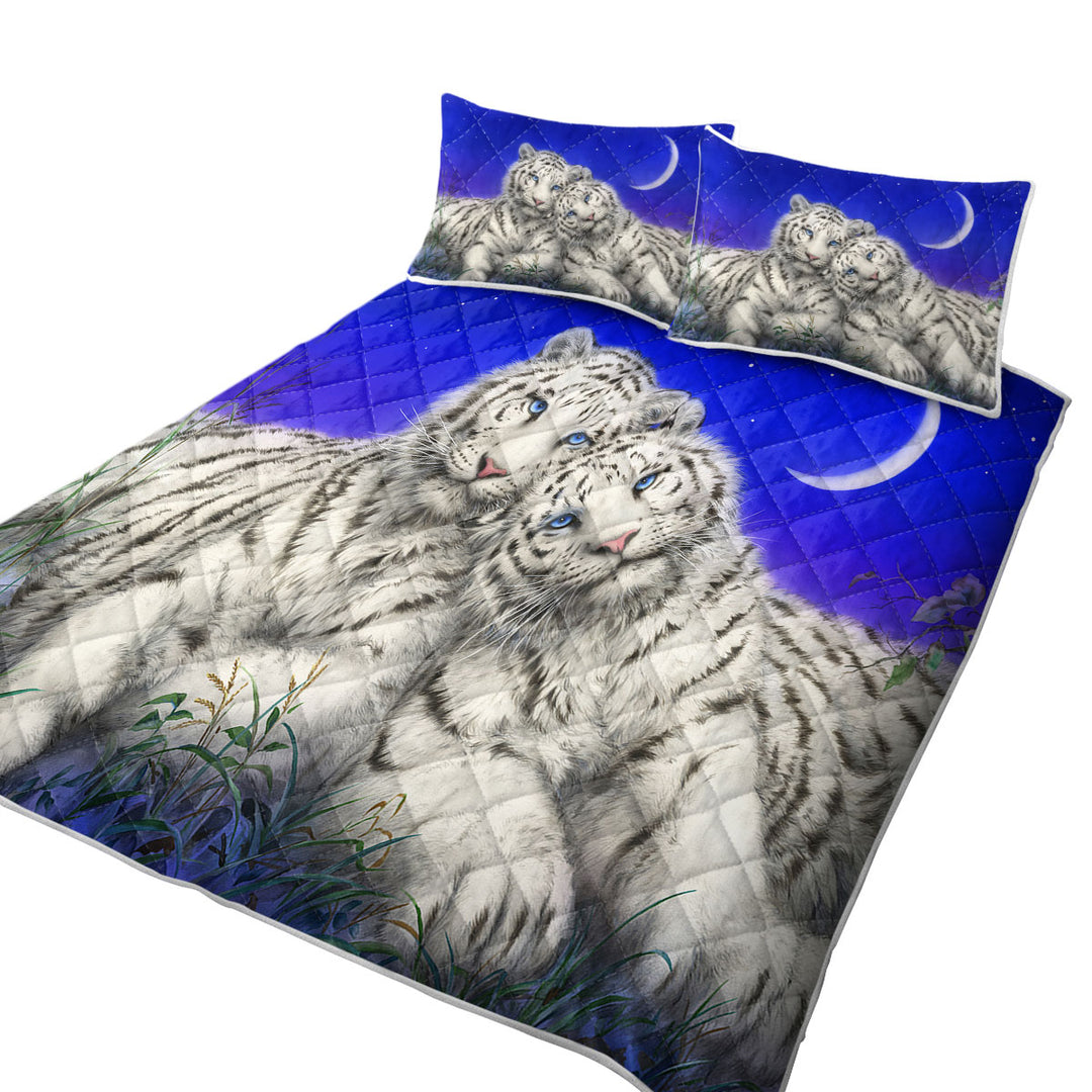 White Tigers Moon Lovers at Night Quilt