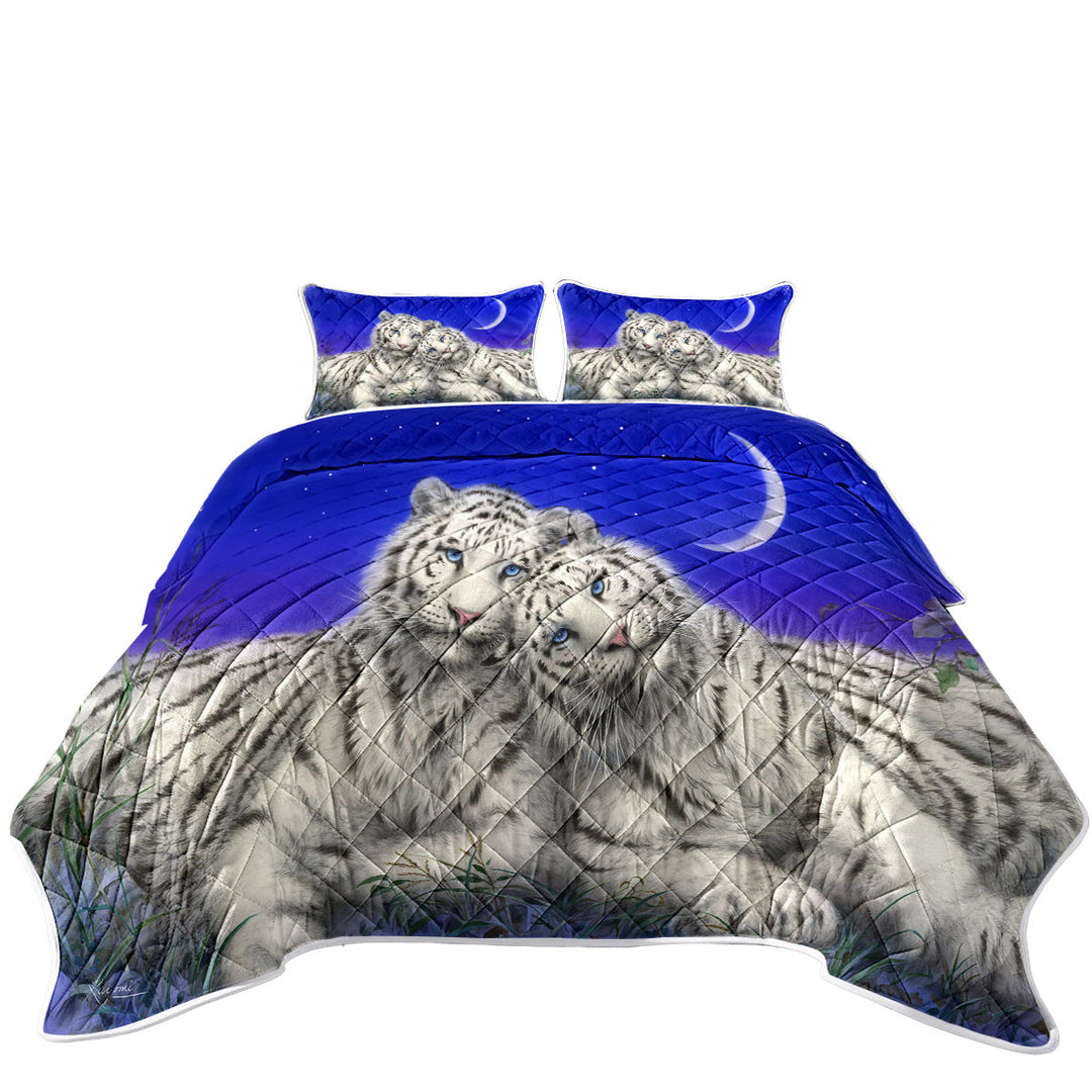 White Tigers Moon Lovers at Night Twin Quilt