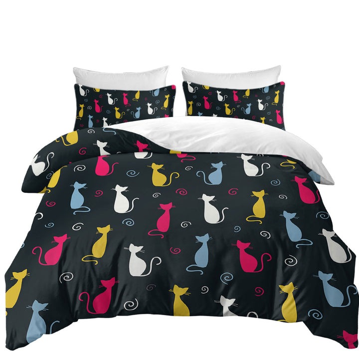 White Yellow Blue Pink Cats Bed Covers