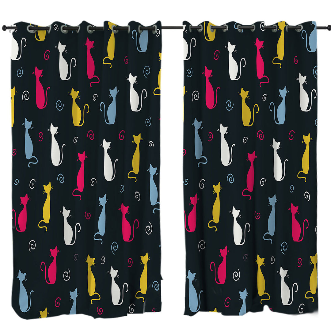White Yellow Blue Pink Cats Curtain