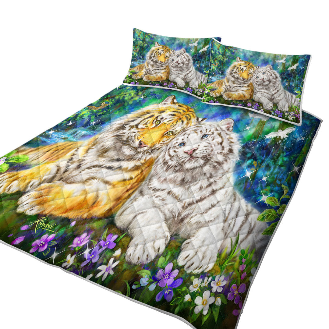 White and Orange Tigers in Love King Size Quilt