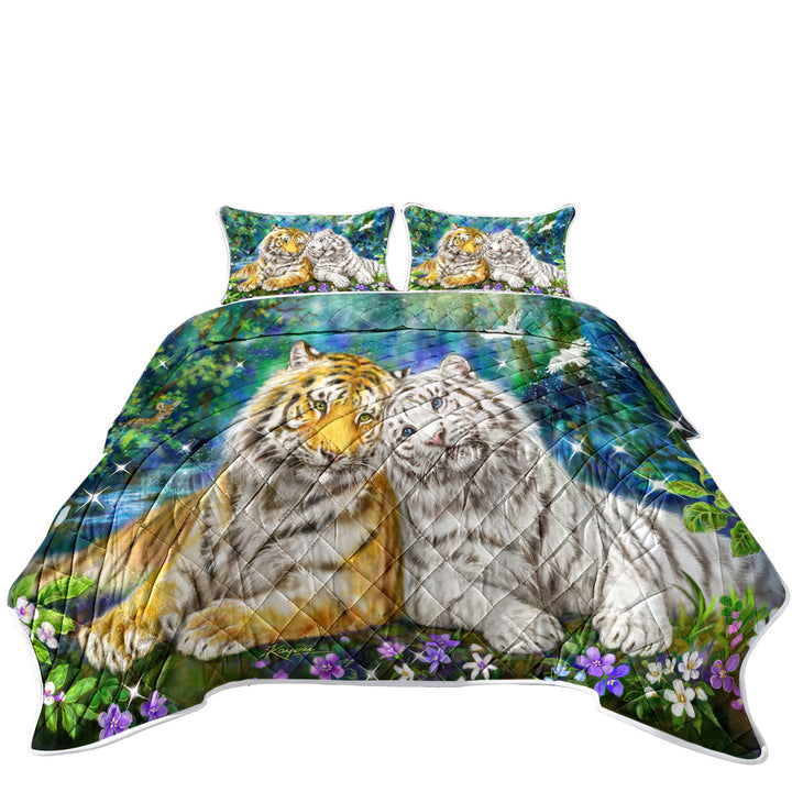 White and Orange Tigers in Love Quilts for sale