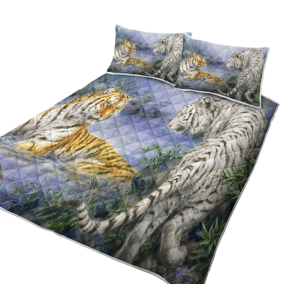 Wild Animal Art Orange and White Tigers Encounter California King Quilt Sets