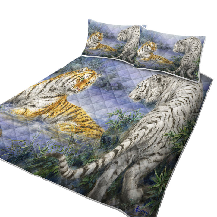 Wild Animal Art Orange and White Tigers Encounter California King Quilt Sets
