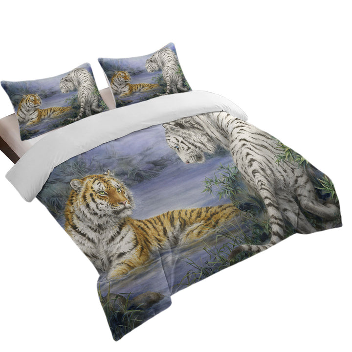 Wild Animal Art Orange and White Tigers Encounter Coverlet