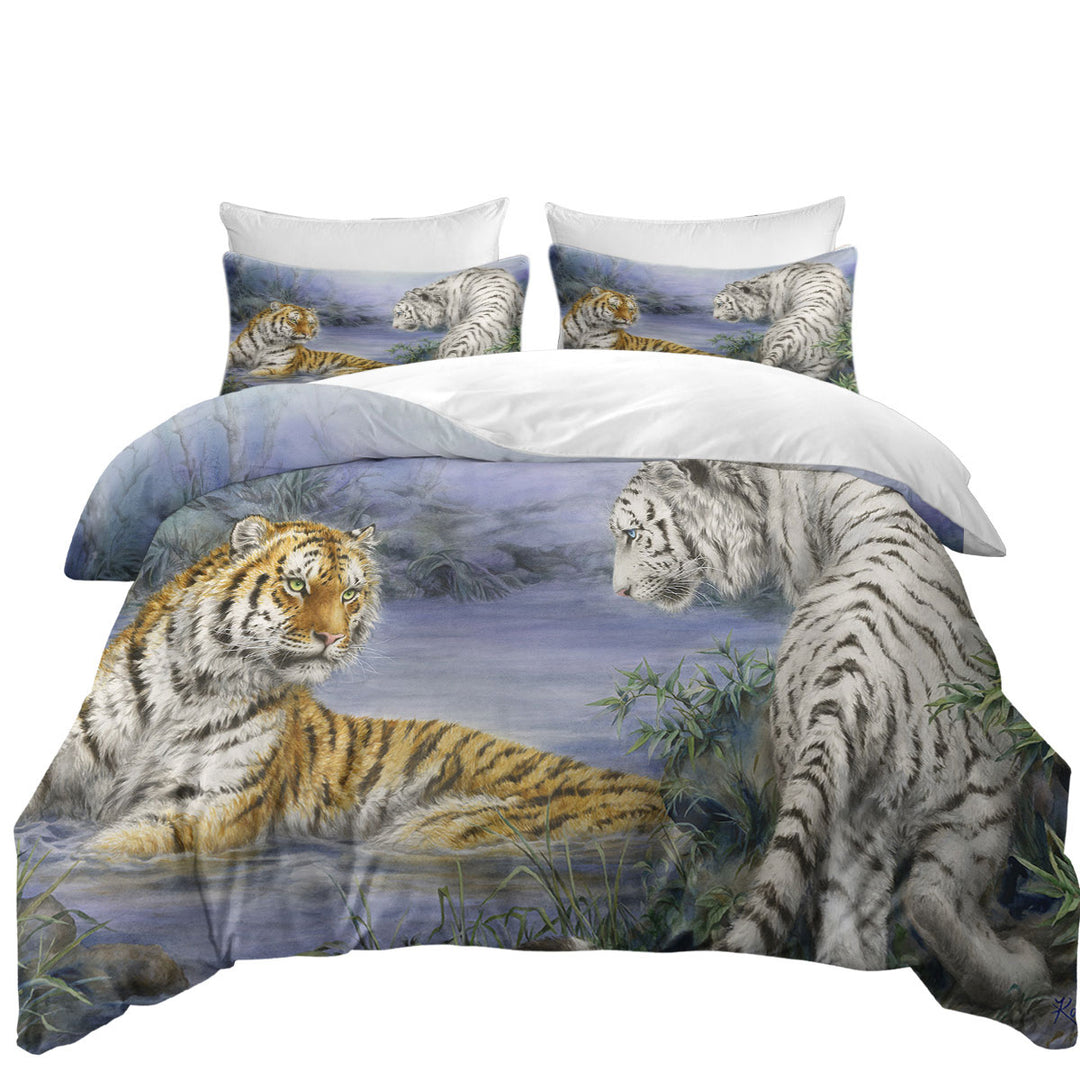 Wild Animal Art Orange and White Tigers Encounter Coverlets