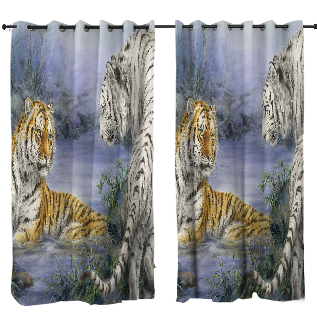 Wild Animal Art Orange and White Tigers Encounter Curtains for Bedroom