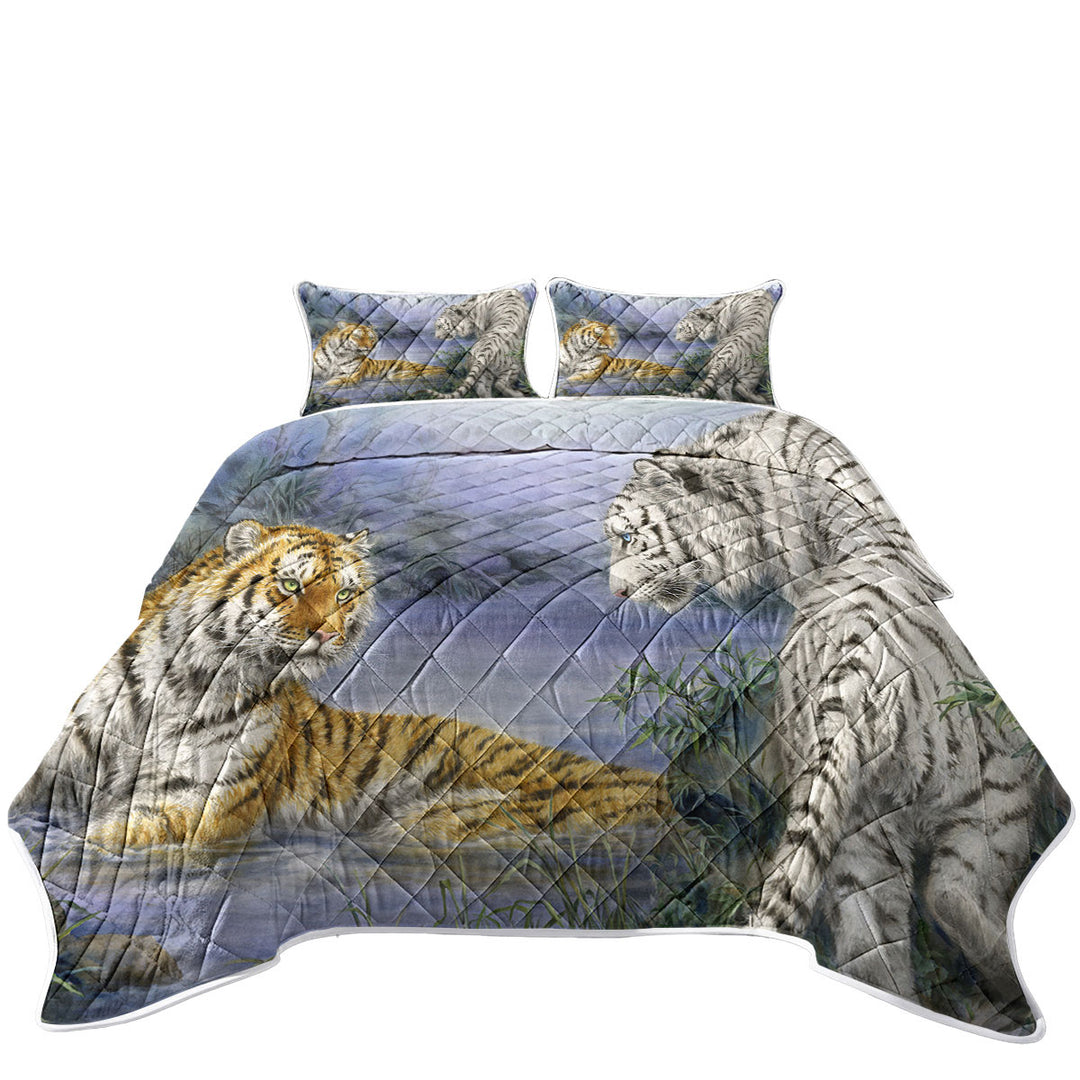 Wild Animal Art Orange and White Tigers Encounter Quilt