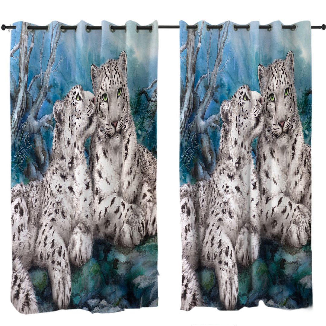 Wild Animal Art Whisper White Snow Leopards Curtains for Living Room