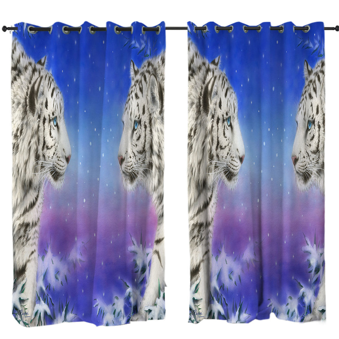 Wild Animal Art White Tigers at Winter Night Curtains