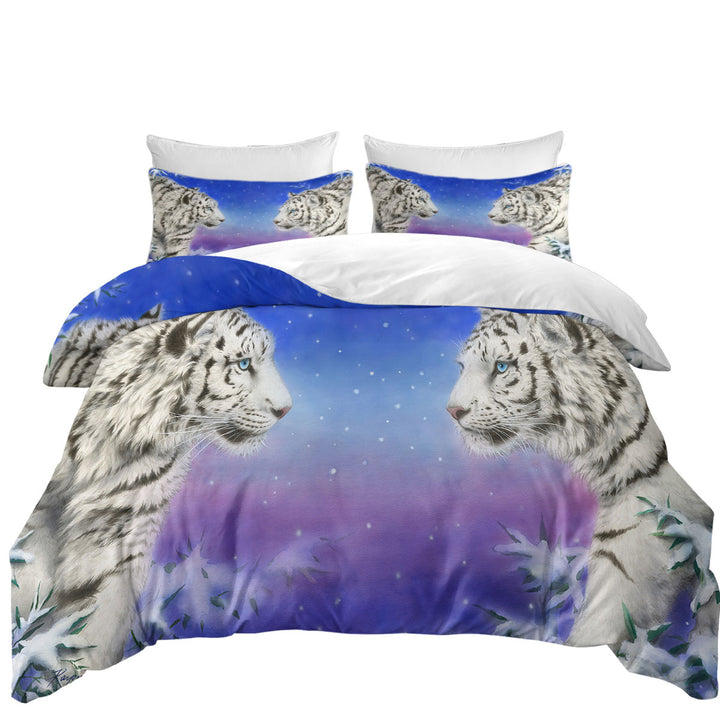 Wild Animal Art White Tigers at Winter Night Duvet Covers King