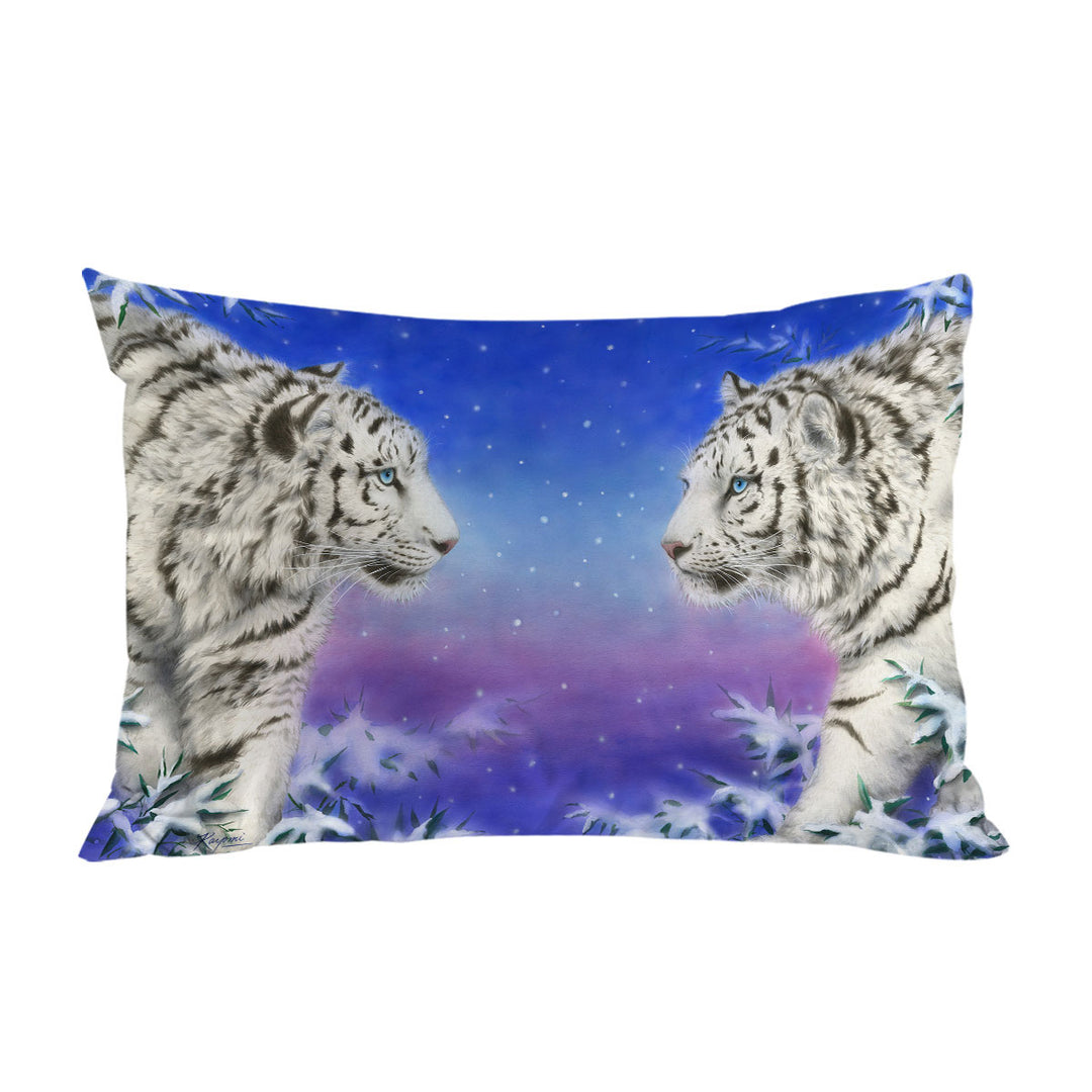 Wild Animal Art White Tigers at Winter Night Pillowcase
