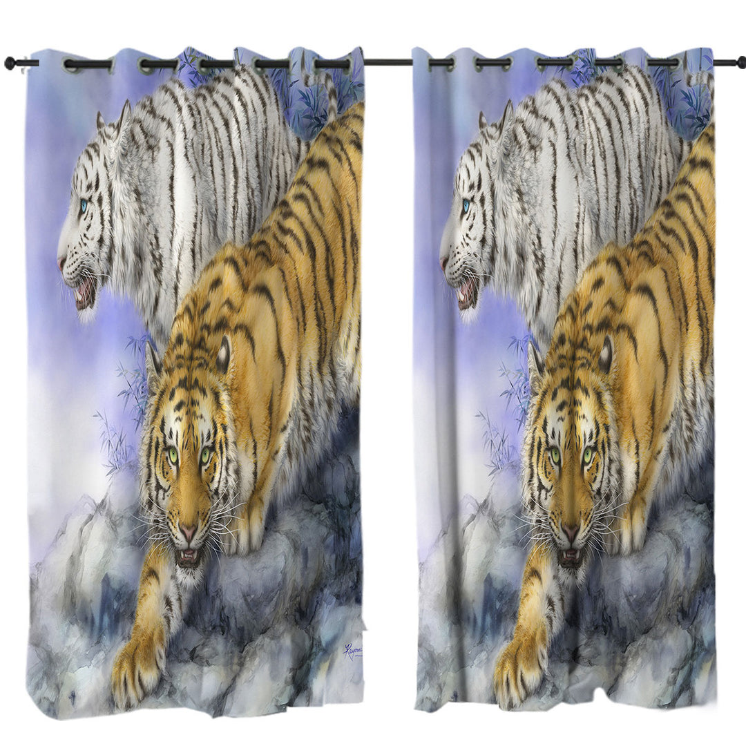 Wild Animal Art White and Orange Tigers Curtain