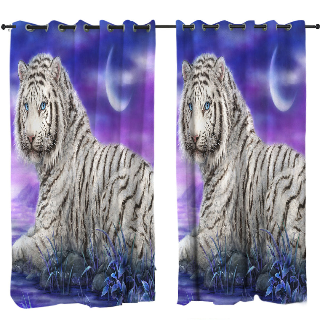 Wild Animal Paintings White Tiger Purplish Lake Custom Curtains