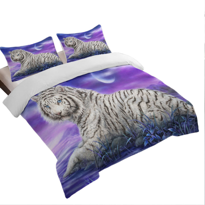 Wild Animal Paintings White Tiger Purplish Lake Duvet Cover