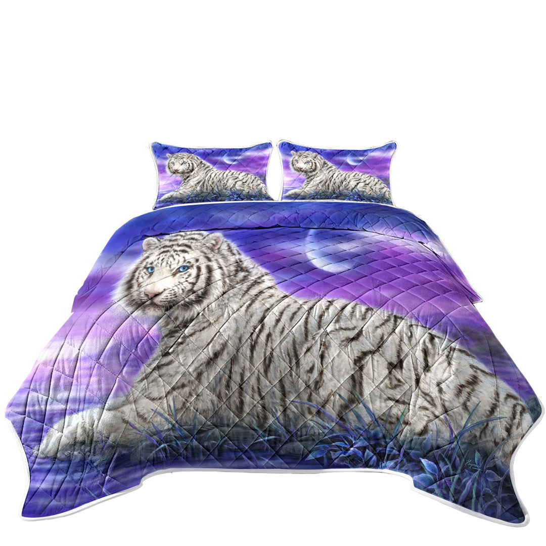 Wild Animal Paintings White Tiger Purplish Lake Quilt