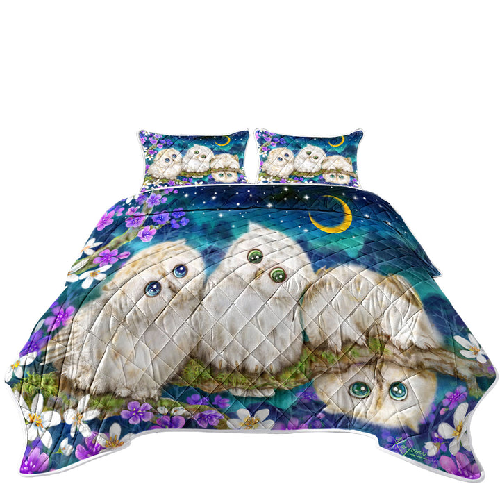 Wild Birds Art Cute Night Flowers and Owls California King Quilt Sets