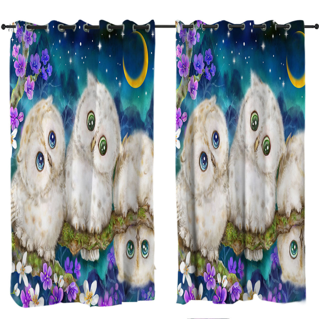 Wild Birds Art Cute Night Flowers and Owls Curtains for Living Room
