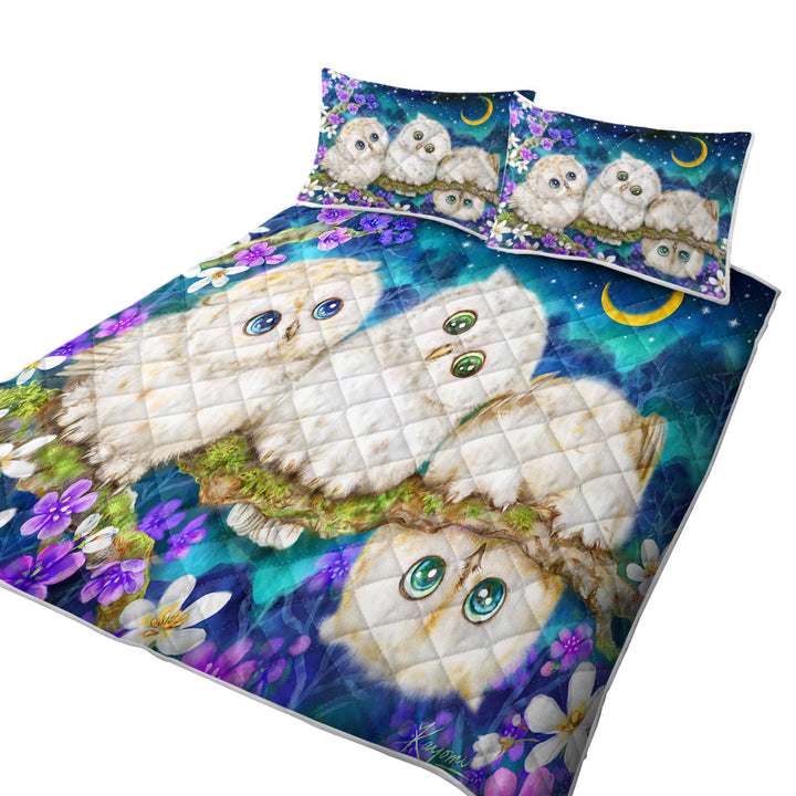 Wild Birds Art Cute Night Flowers and Owls King Size Quilt Sets