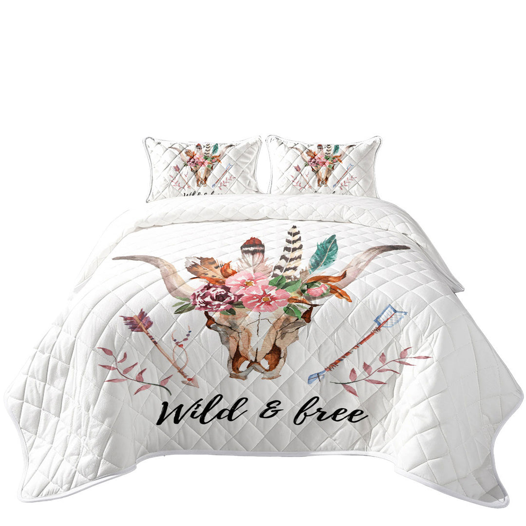 Wild and Free Native Floral Bull Skull California King Quilt Sets