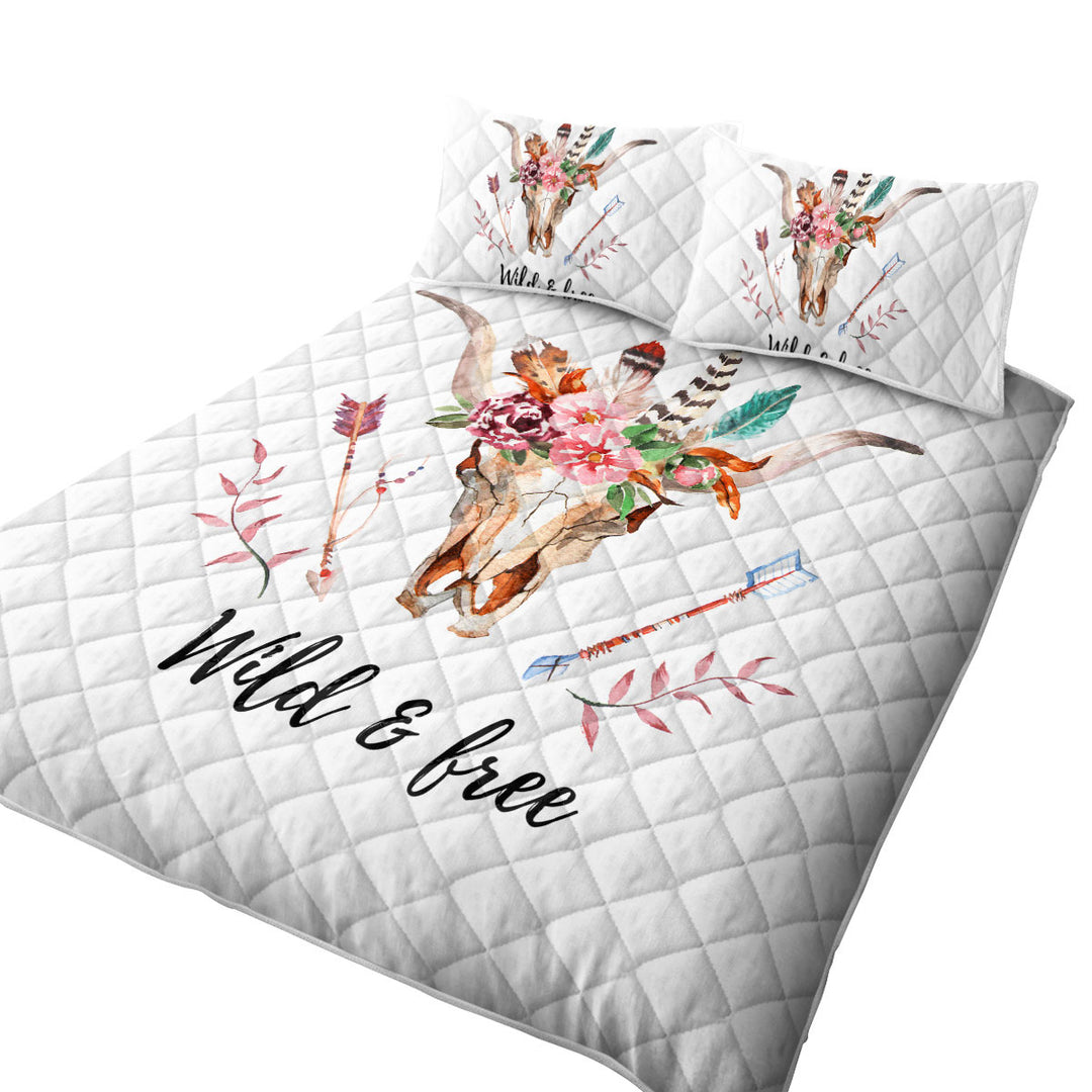 Wild and Free Native Floral Bull Skull King Size Quilt Sets