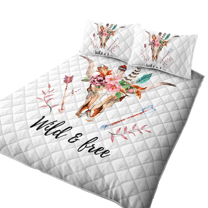 Wild and Free Native Floral Bull Skull King Size Quilt Sets