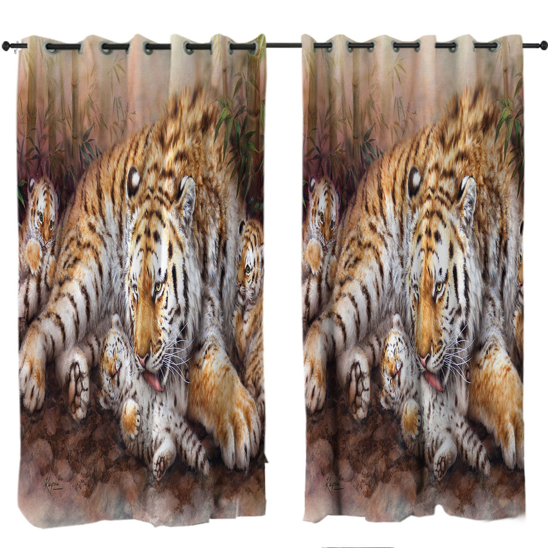 Wildlife Animal Art Tiger Family in Bamboo Forest Curtain
