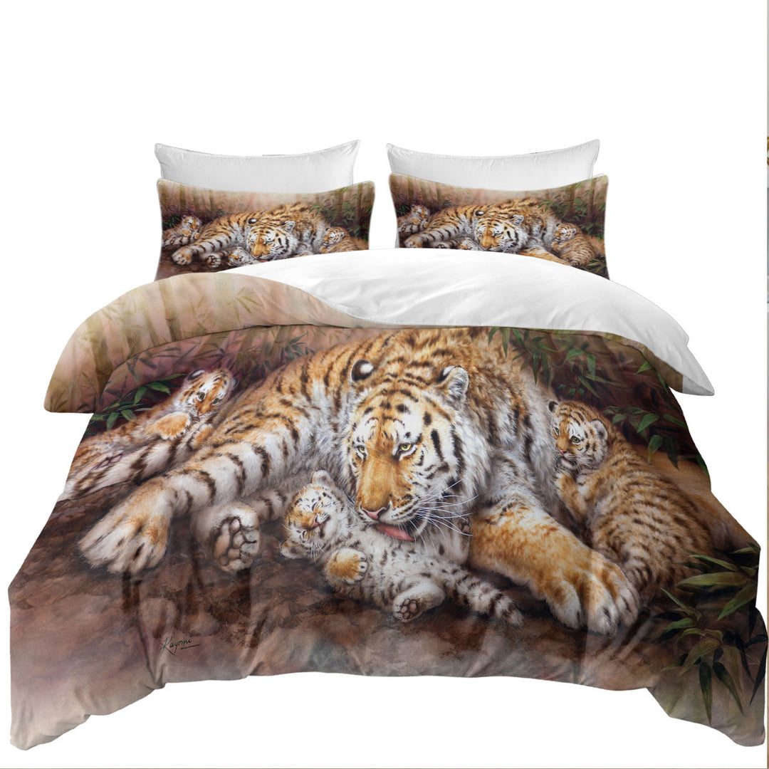 Wildlife Animal Art Tiger Family in Bamboo Forest Duvet Cover