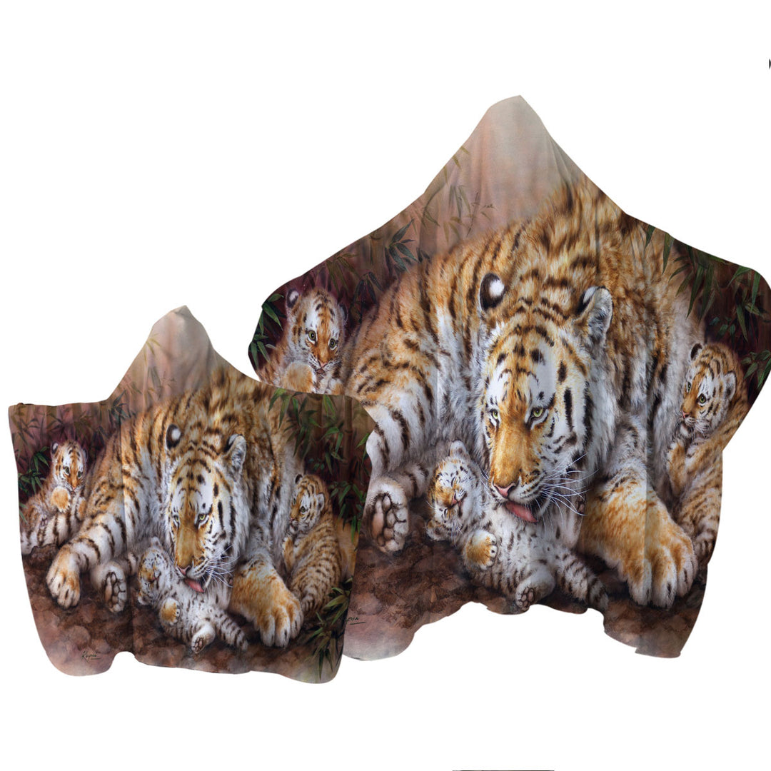Wildlife Animal Art Tiger Family in Bamboo Forest Hooded Beach Towel