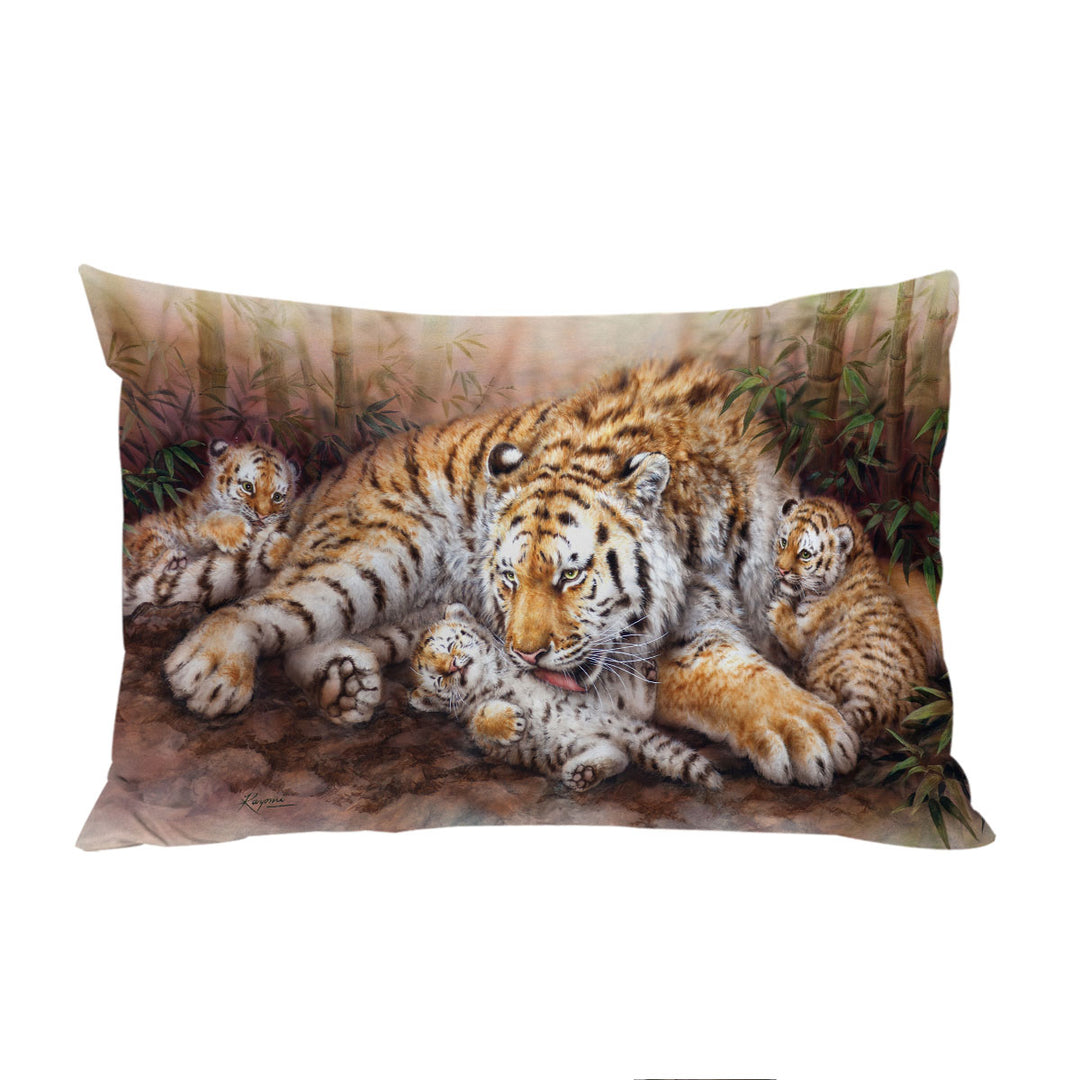 Wildlife Animal Art Tiger Family in Bamboo Forest Pillowcase