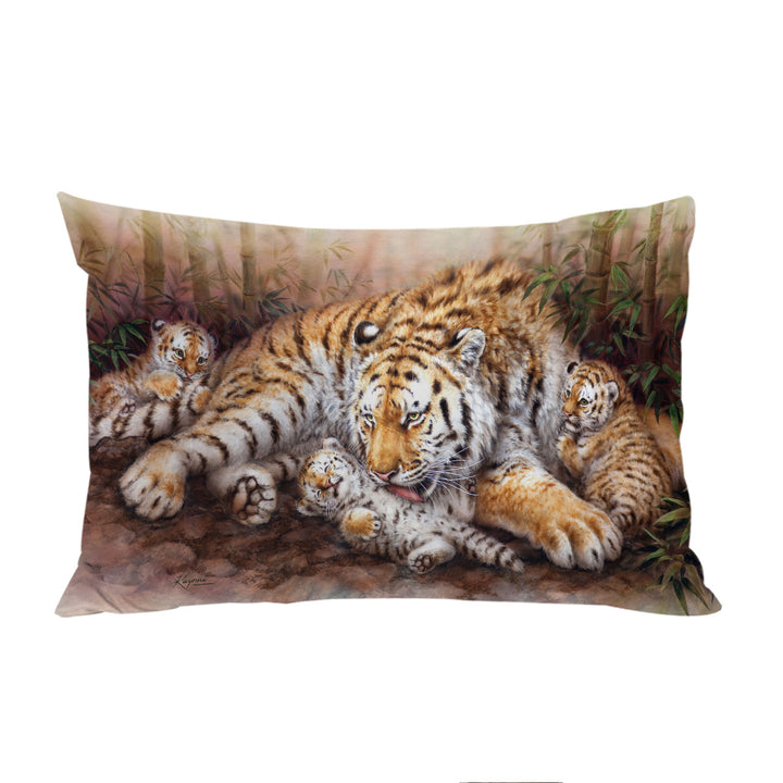 Wildlife Animal Art Tiger Family in Bamboo Forest Pillowcase