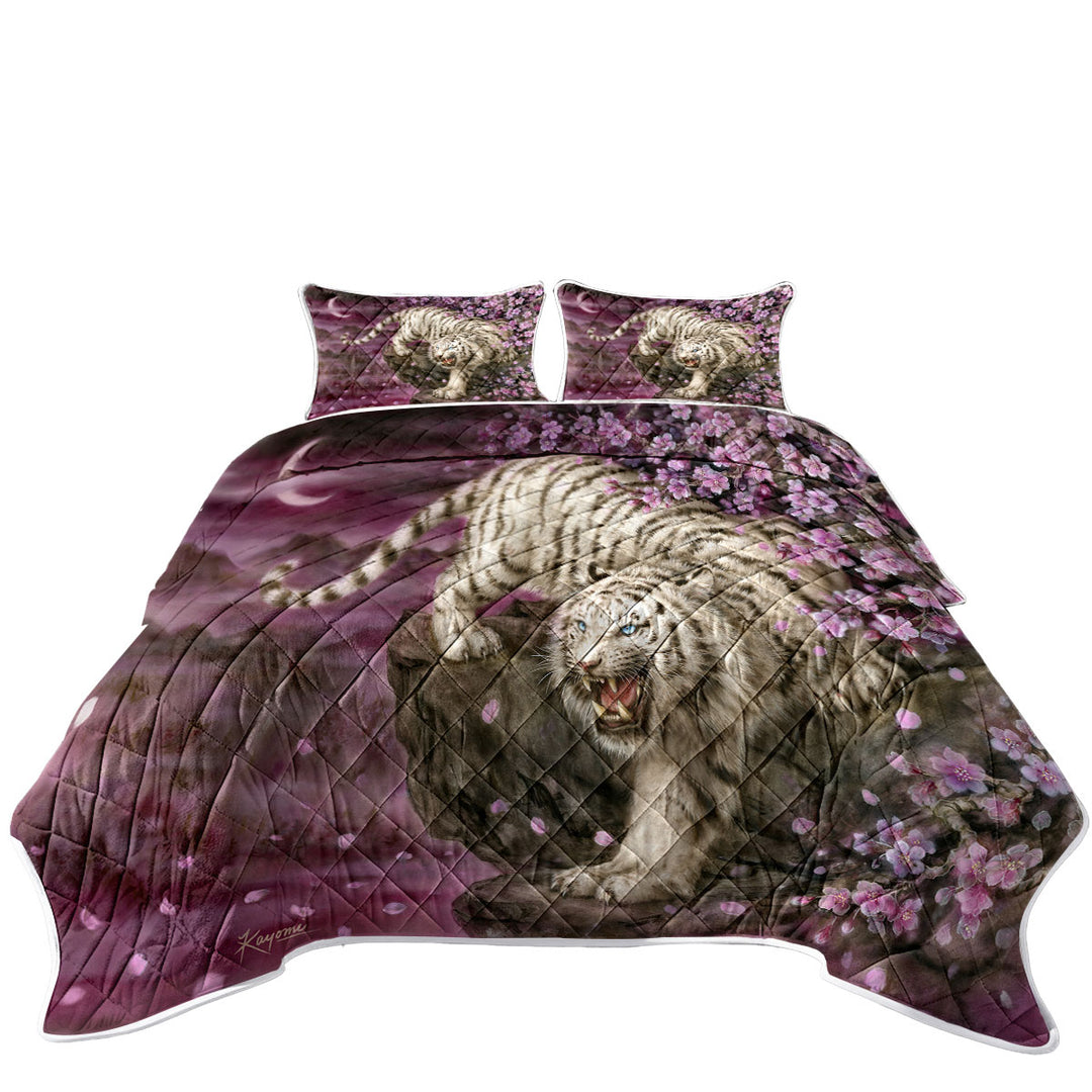 Wildlife Animal Cherry Blossom White Tiger California King Quilt Sets