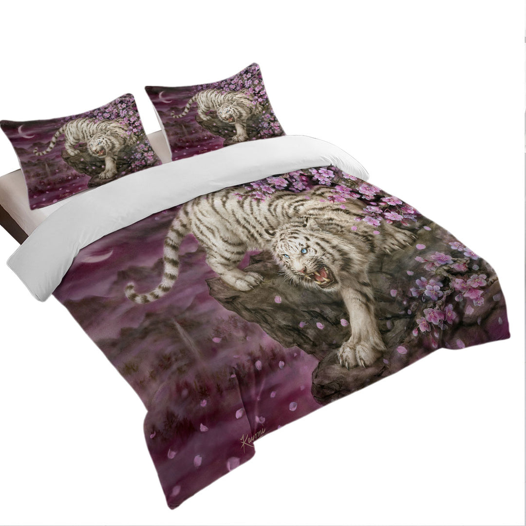 Wildlife Animal Cherry Blossom White Tiger Coverlet