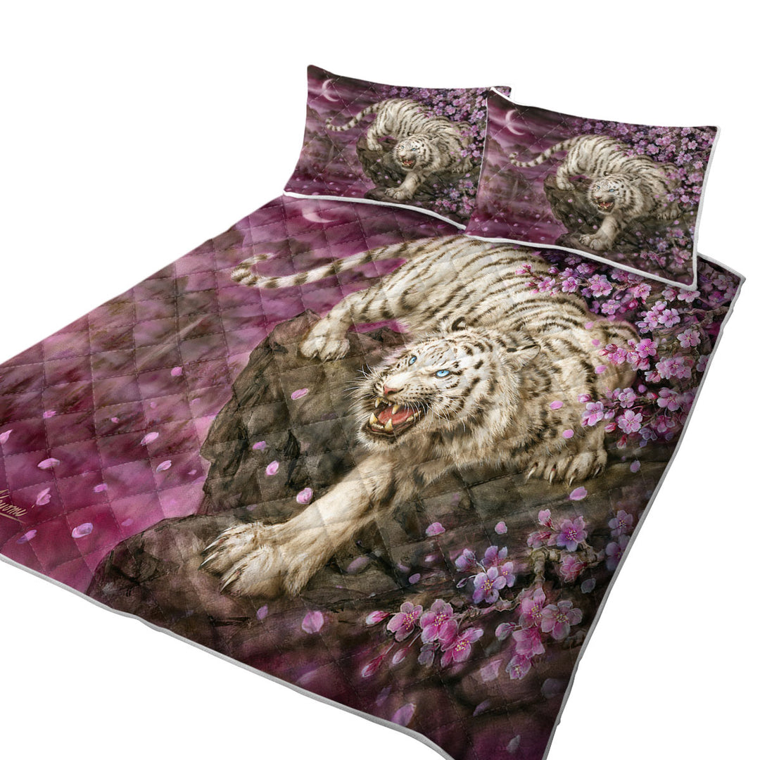 Wildlife Animal Cherry Blossom White Tiger King Size Quilt Sets