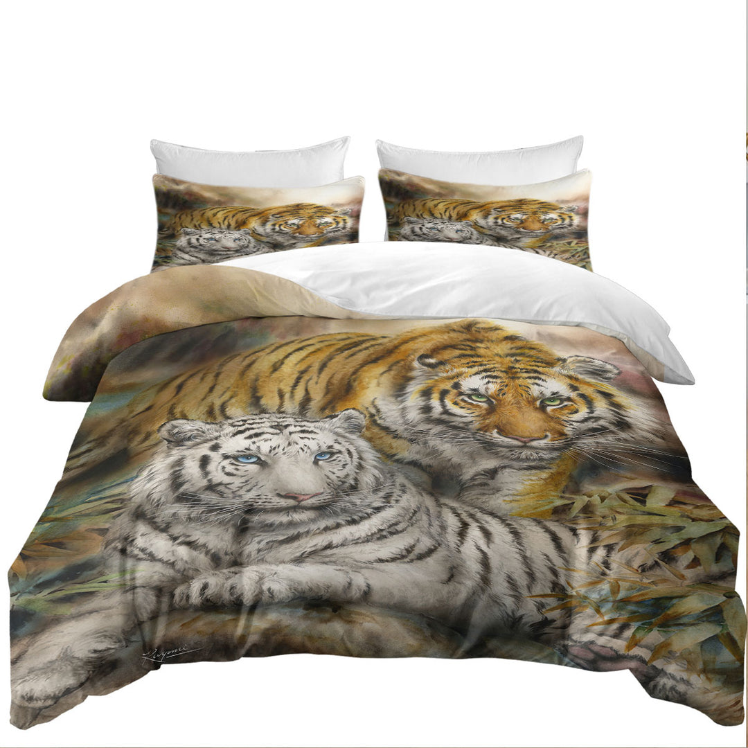 Wildlife Art Drawing White and Orange Tigers Bed Covers