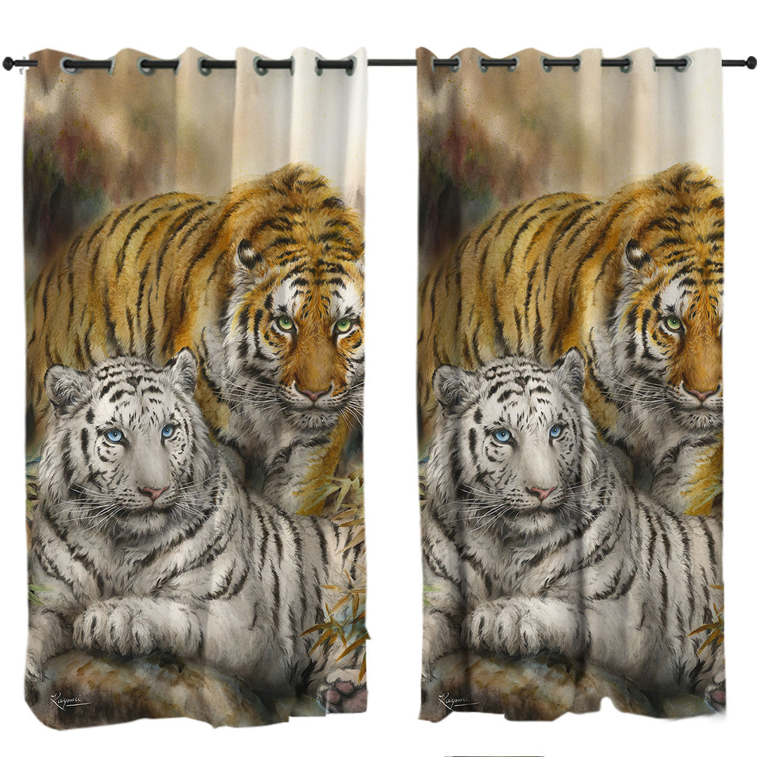 Wildlife Art Drawing White and Orange Tigers Curtains for Bedroom