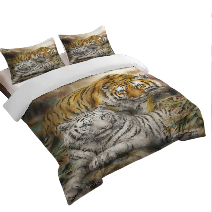 Wildlife Art Drawing White and Orange Tigers King Quilt Cover