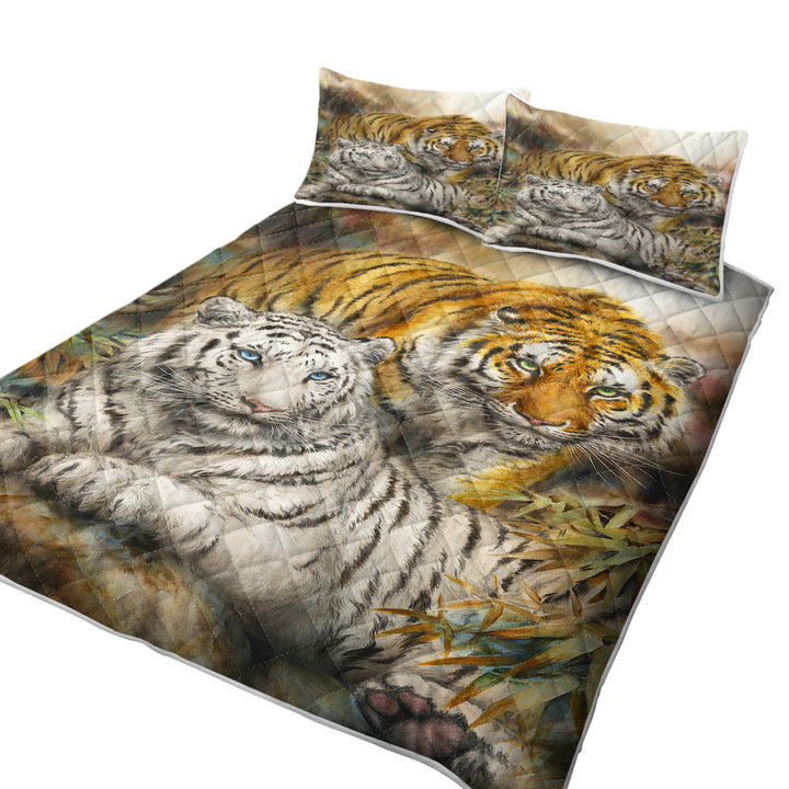 Wildlife Art Drawing White and Orange Tigers Quilt