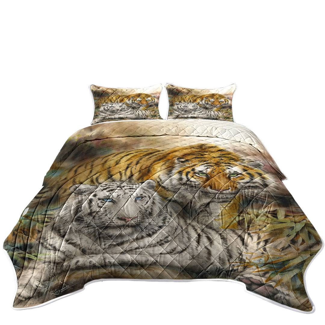 Wildlife Art Drawing White and Orange Tigers Quilts