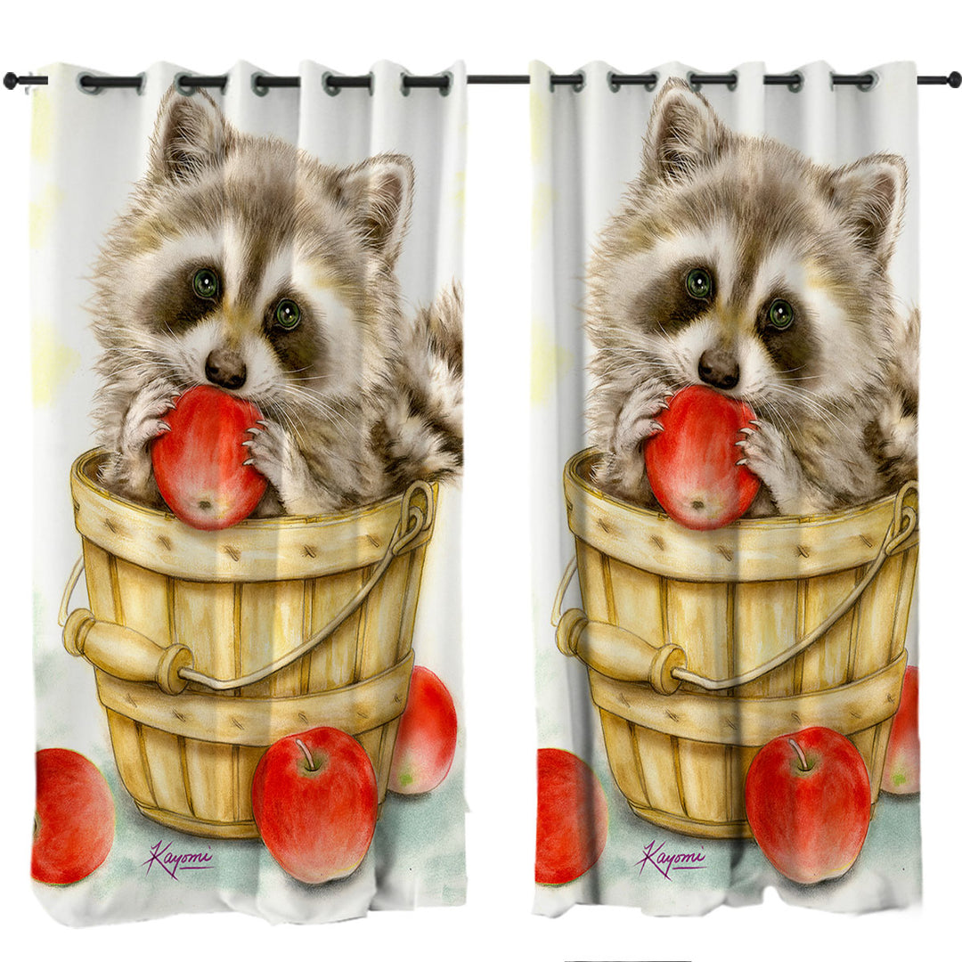 Wildlife Cute Animal Art Apple Basket Raccoon Drapes and Curtains