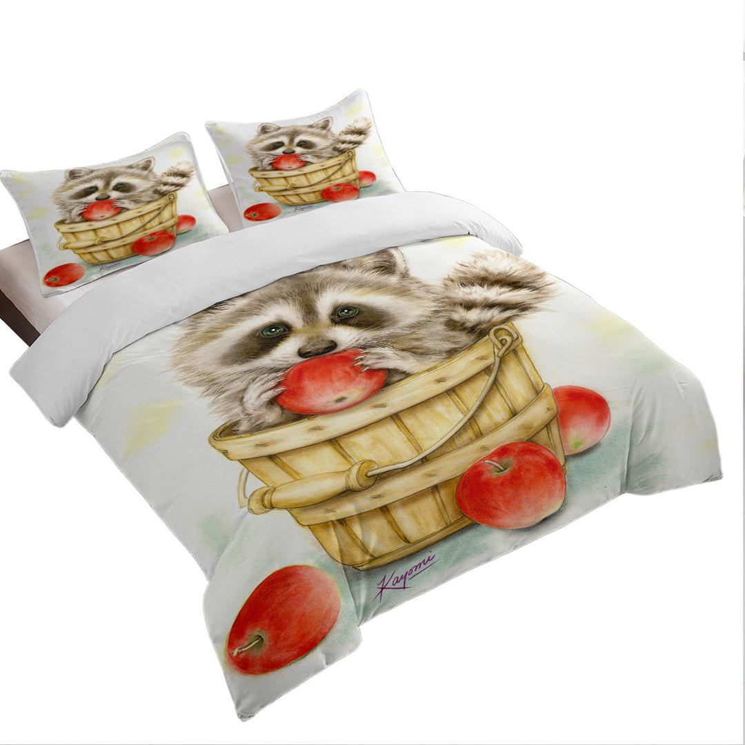 Wildlife Cute Animal Art Apple Basket Raccoon Duvet Cover Queen