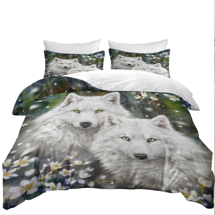Wildlife Painting White Wolves and Flowers Bed Covers