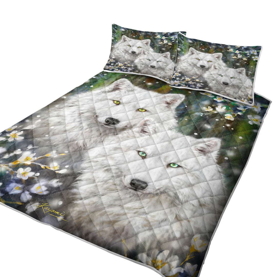 Wildlife Painting White Wolves and Flowers Coverlet