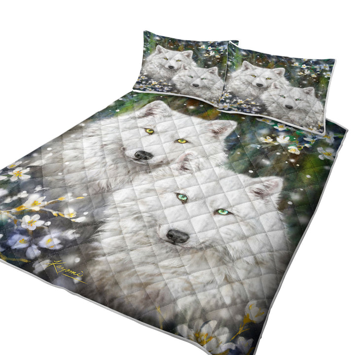 Wildlife Painting White Wolves and Flowers Coverlet