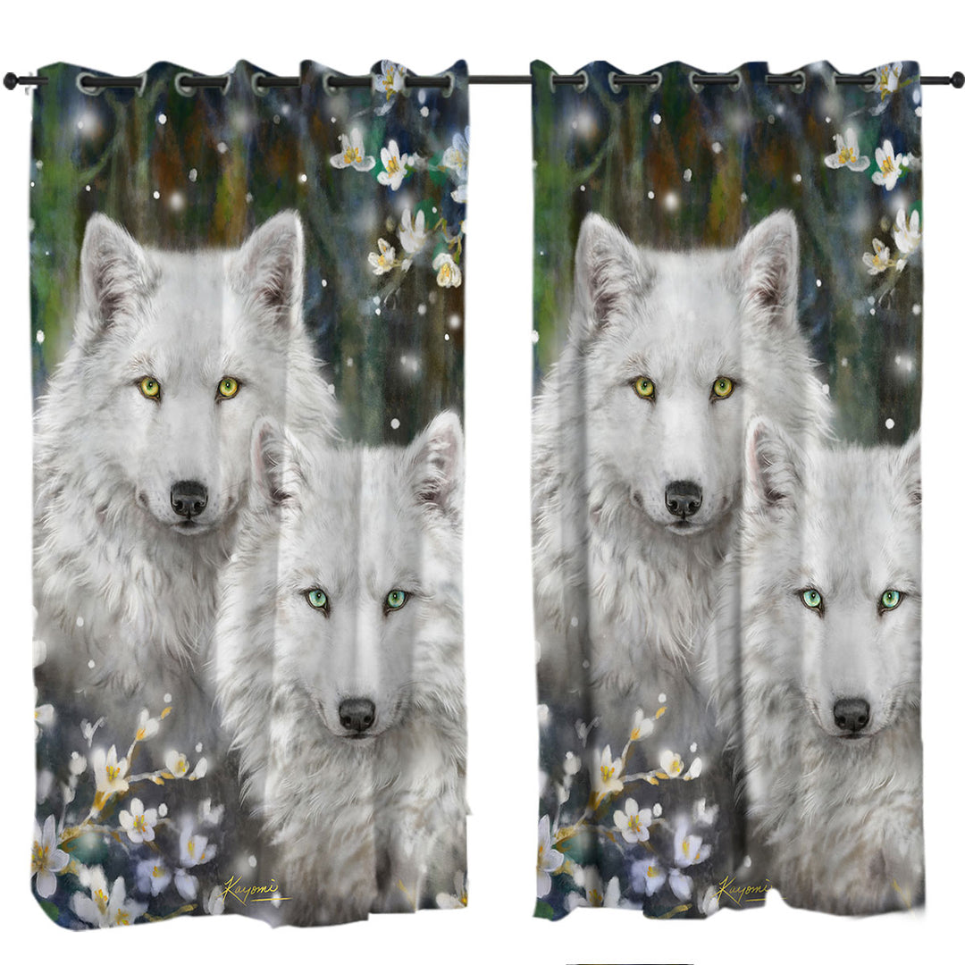 Wildlife Painting White Wolves and Flowers Drapes and Curtains
