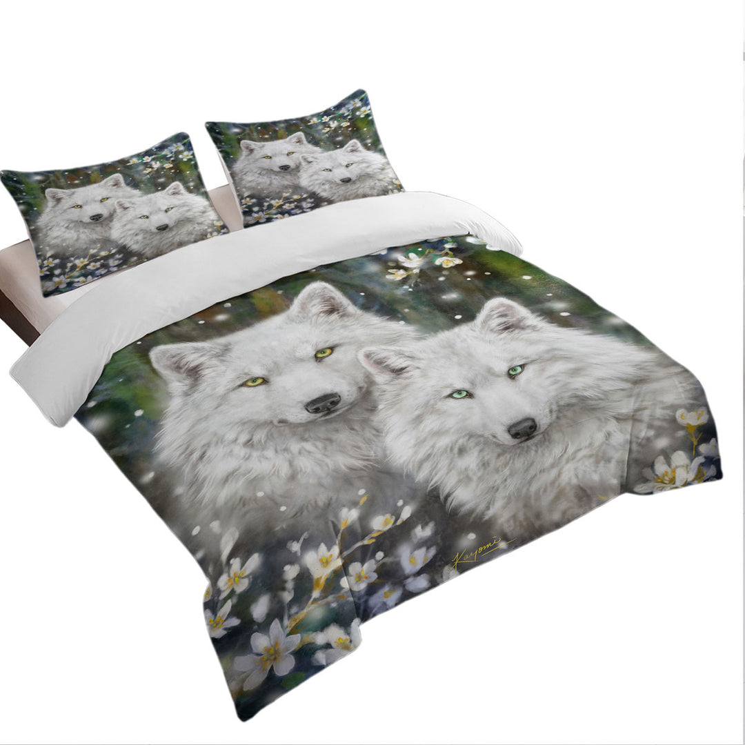 Wildlife Painting White Wolves and Flowers Duvet Covers