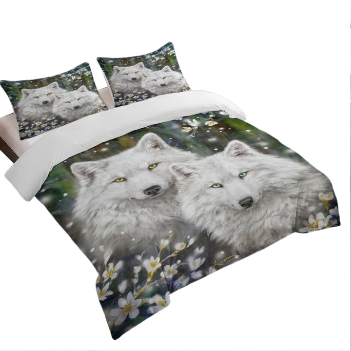 Wildlife Painting White Wolves and Flowers Duvet Covers