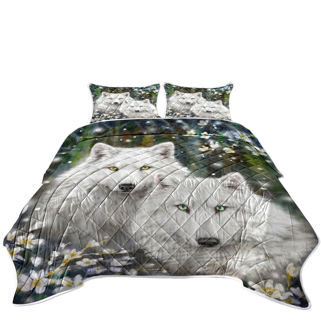 Wildlife Painting White Wolves and Flowers King Size Quilt